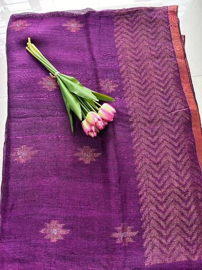 Purple Linen Ikat  Weave border Pure Handloom Saree with Blouse Piece SLN35