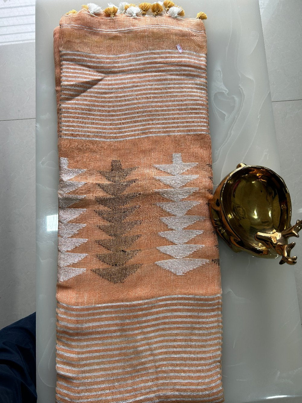 Peach Linen Jamdani weaving Pure Handloom Saree with Blouse Piece SLN38