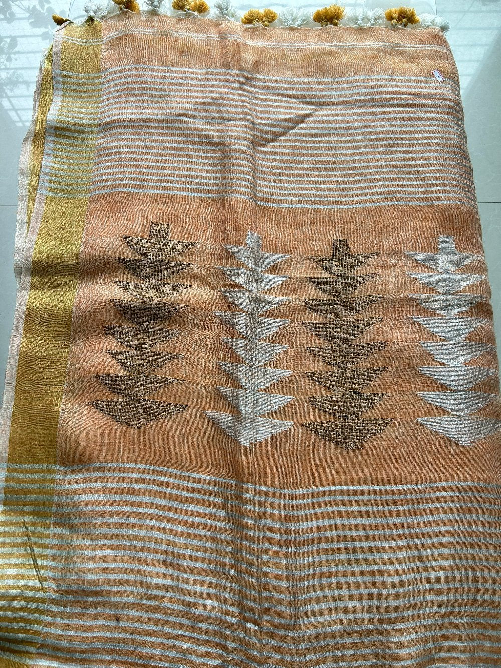 Peach Linen Jamdani weaving Pure Handloom Saree with Blouse Piece SLN38