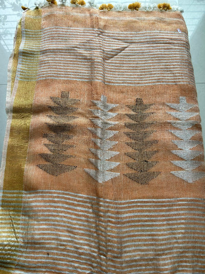 Peach Linen Jamdani weaving Pure Handloom Saree with Blouse Piece SLN38