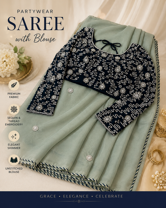 Soft Pastel mint green designer party wear Saree with  Dark green heavy handwork designer ready made blouse  - SPW179