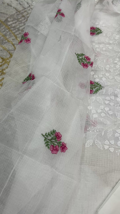 White color Embroidered Kota Doria 3 piece unstitched Dress Material