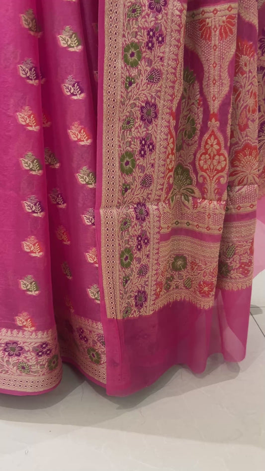 Authentic Handloom Pure Khaddi Georgette Banarasi Saree – Candy Pink with Meenakari Floral Border