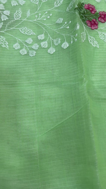 Parrot Green color Embroidered Kota Doria 3 piece unstitched Dress Material