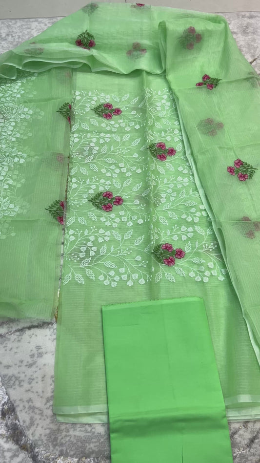Parrot Green color Embroidered Kota Doria 3 piece unstitched Dress Material