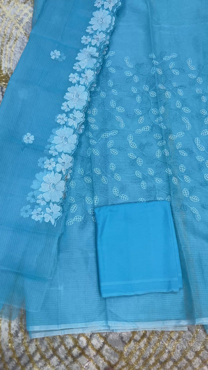 Sky Blue Embroidered Kota Doria 3 piece unstitched Dress Material