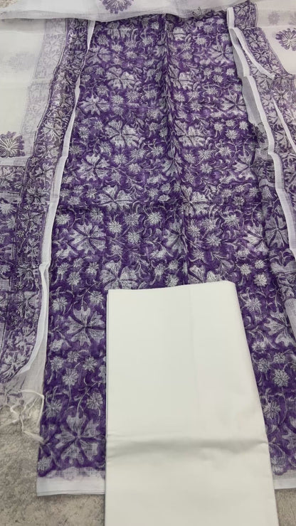 White and Purple color printed Kota Doria 3 piece unstitched Dress Material