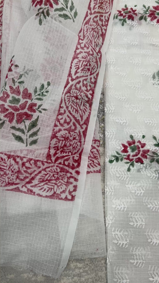 White and red  color printed Kota Doria 3 piece unstitched Dress Material