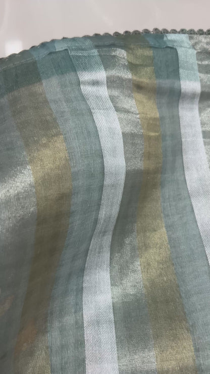 Pure tissue and Organza silver and golden vertical striped saree SO220