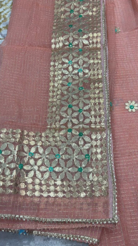 Peach color Kota Doria  with Gotapatti 3 piece unstitched Dress Material