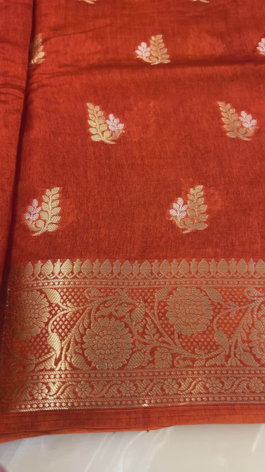 Rust Orange color Dupion Silk Handloom Banarasi Saree