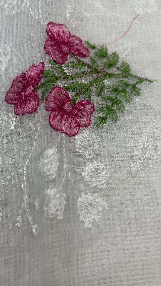 White color Embroidered Kota Doria 3 piece unstitched Dress Material