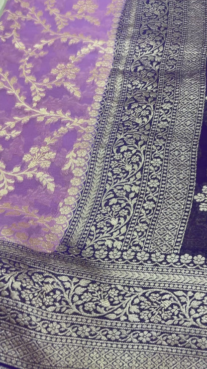 Lavendar Handwoven Handloom Khaddi Georgette Banarasi Saree with contrast purple blouse