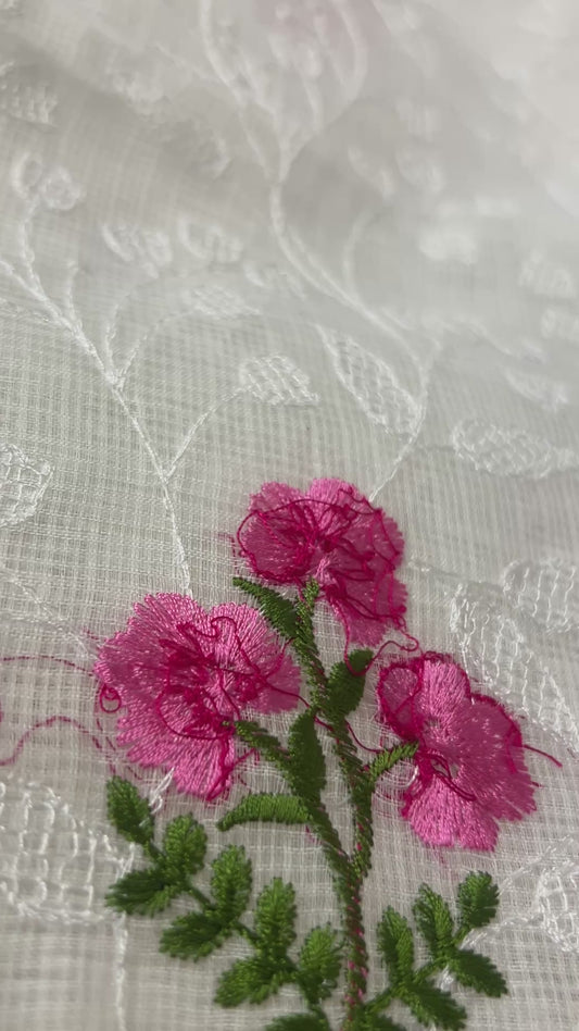 White and pink Embroidered Mix Cotton Kota Doria 3-Piece Dress Material