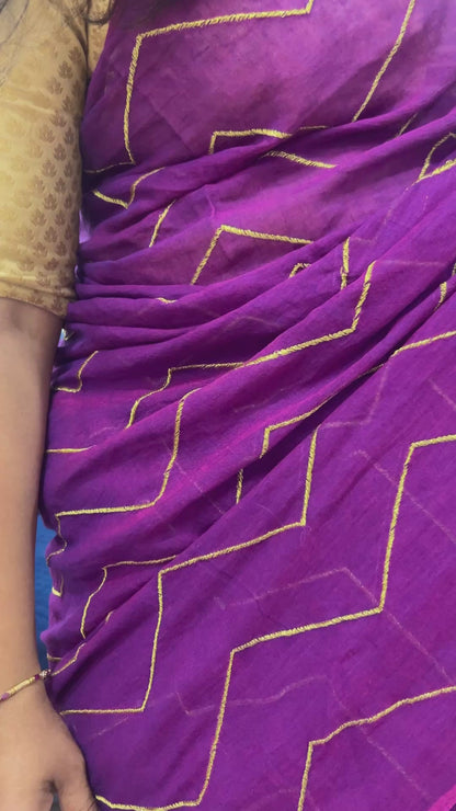 Purple Mulcotton saree with zig zag golden thread embroidery