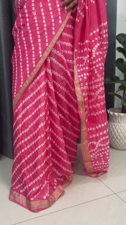 Pink Bandhani Saree with Lehariya pattern and  Zari Border SB192