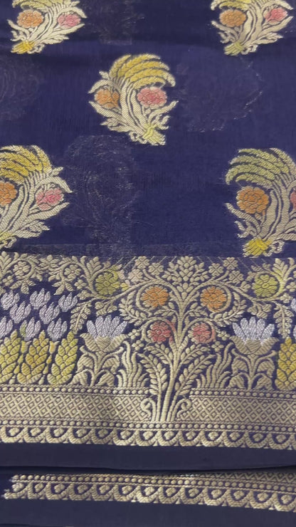 Navy Blue color Dupion Silk Handloom Banarasi Saree