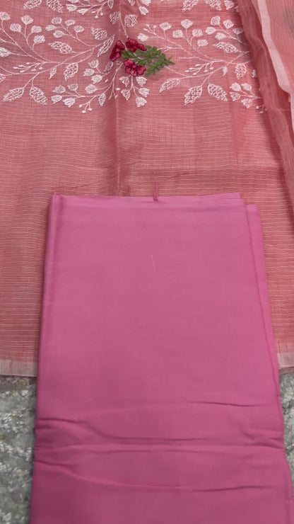 Peach color Embroidered Kota Doria 3 piece unstitched Dress Material