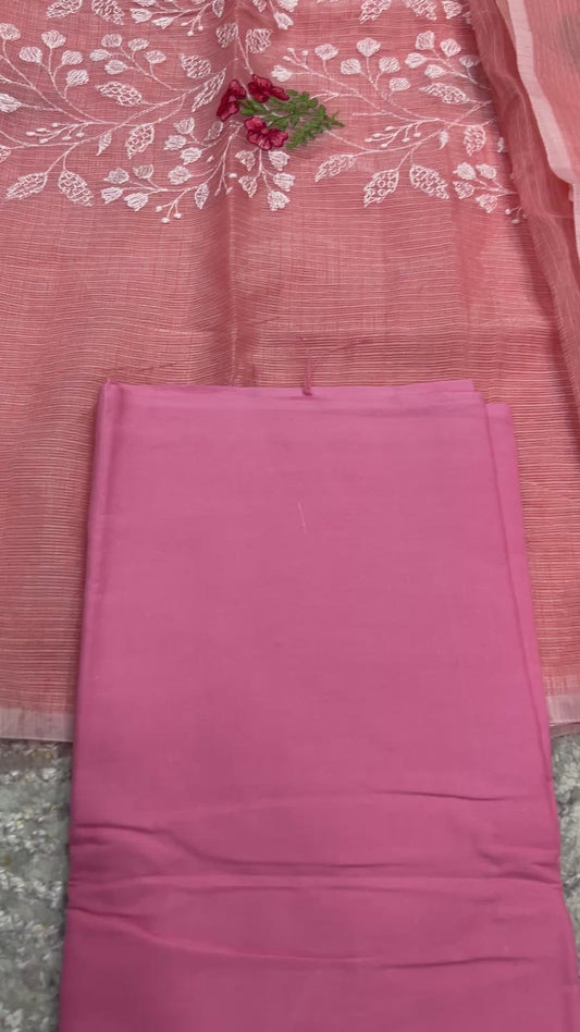 Peach color Embroidered Kota Doria 3 piece unstitched Dress Material