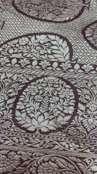 Powder blue Handloom Khaddi Georgette Banarasi Saree with contrast brown blouse