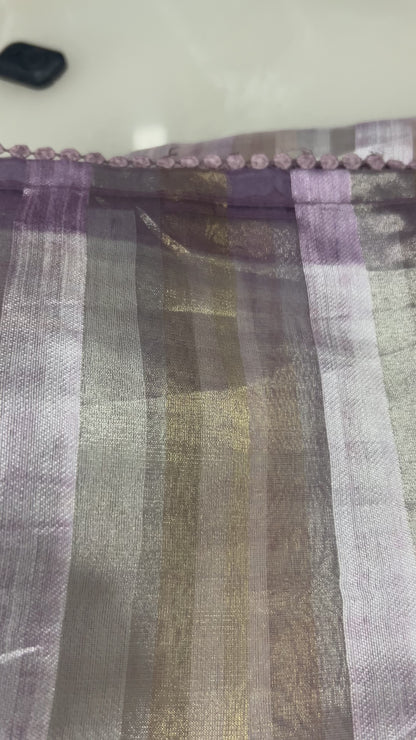 Pure tissue and Organza silver and golden vertical striped saree SO220