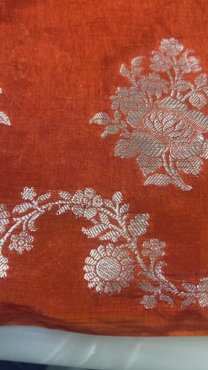 Rust Orange color boarderless  Dupion Silk Handloom Banarasi Saree