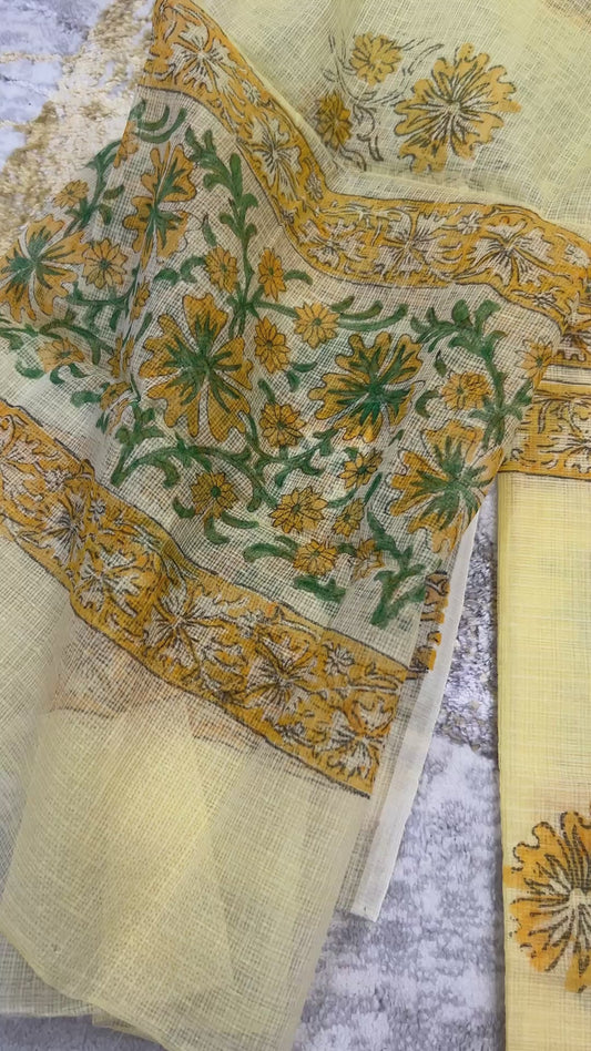 Yellow color printed Kota Doria 3 piece unstitched Dress Material