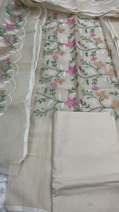 Beige Floral Embroidered Kota Doria 3 piece unstitched Dress Material