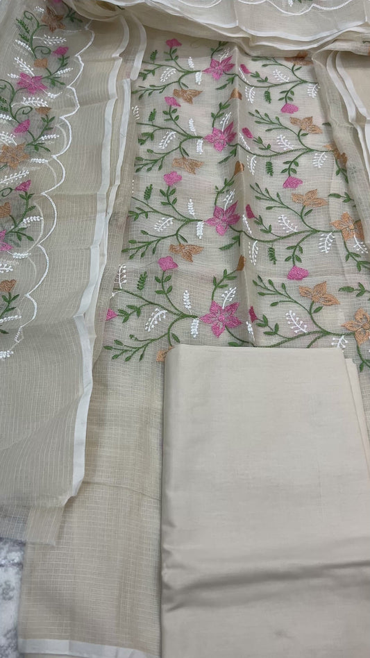 Beige Floral Embroidered Kota Doria 3 piece unstitched Dress Material