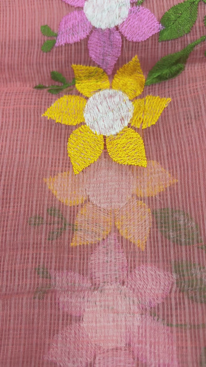 Peach color Embroidered Kota Doria 3 piece unstitched Dress Material