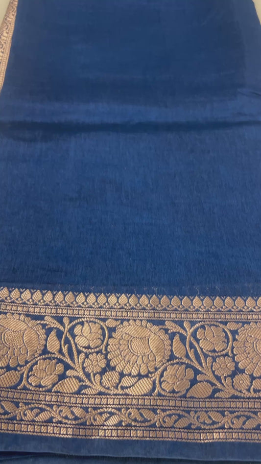Deep blue color plain body Dupion Silk Handloom Banarasi Saree