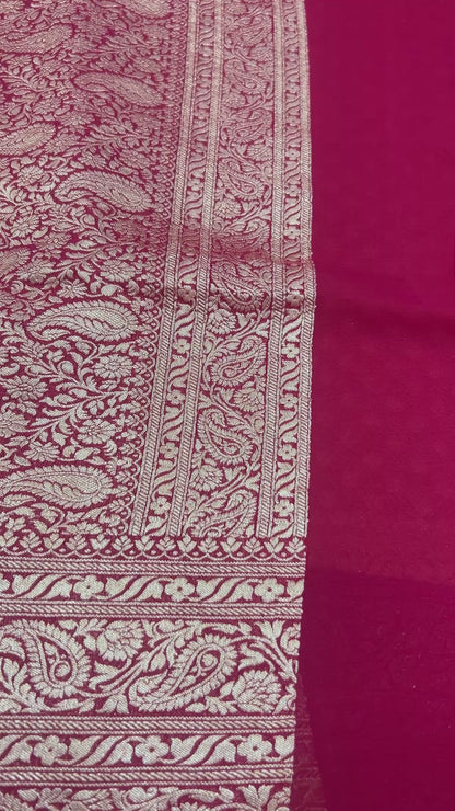 Dusty Peach color handloom Khaddi Georgette Banarasi Saree with Contrast Magenta Blouse