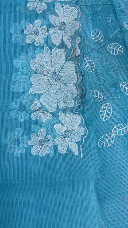 Sky Blue Embroidered Kota Doria 3 piece unstitched Dress Material